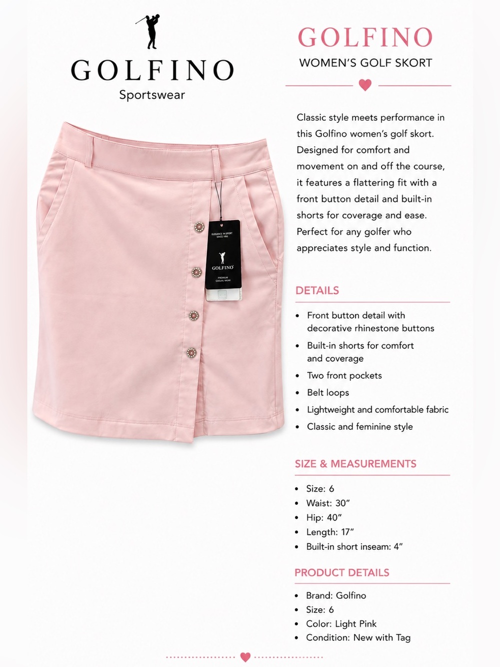 Golfino Women's Light Pink Golf Skort with Front Button Detail